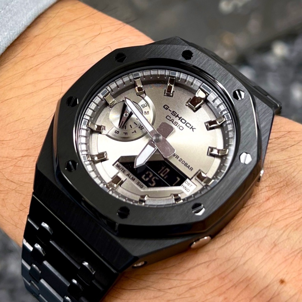 Casioak G-Shock GA-2100 Modified Silver Face and Black Stainless Steel Band
